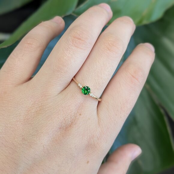 Rare Tsavorite Garnet Ring in 14K Solid Gold with Natural Diamond Accents - Picture 3 of 8